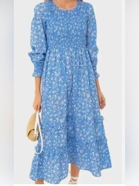 PINK CITY PRINTS- Blue Floral Midi Dress Tiered Long Sleeve